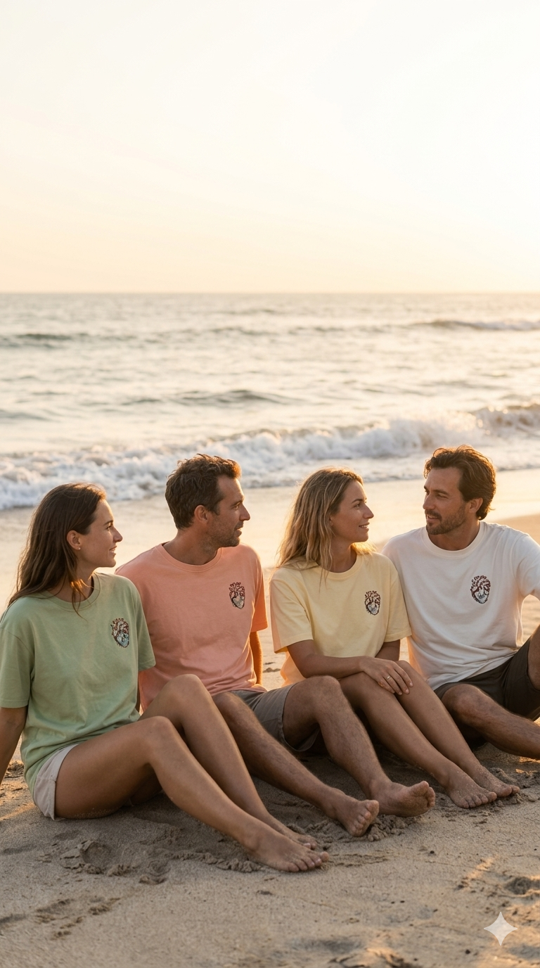 Grupo de amigos en la playa con camisetas minimalistas SoulSail estilo veraniego