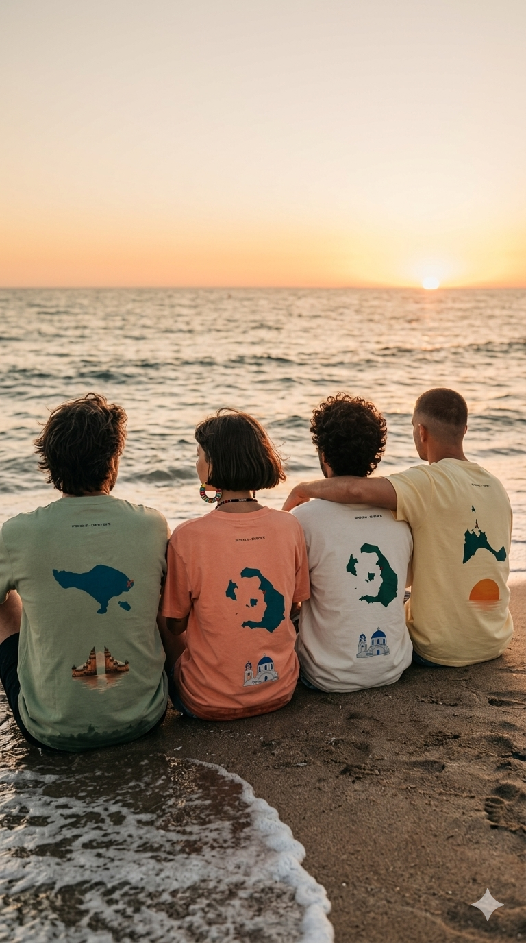 Amigos en la playa llevando camisetas SoulSail en un momento de libertad y verano